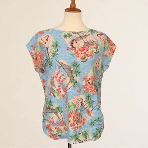 Chaps Hawaiian Hula Girl Tropical Top Crewneck Side Cinching Ties